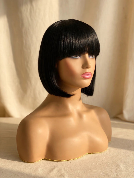 Cozy studio cover - synthetic straight bob wig with blunt bangs, black, on mannequin