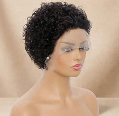 Studio hero shot - short curly pixie lace front wig on mannequin, side view