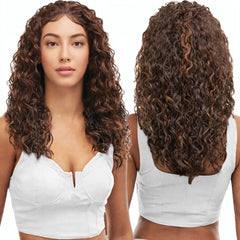 13X6 HD lace front wig, long curly synthetic wig, front and back views