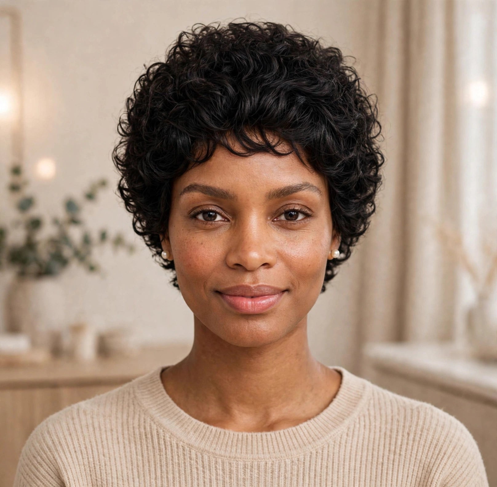 Model wearing short curly pixie lace front human hair wig, front view