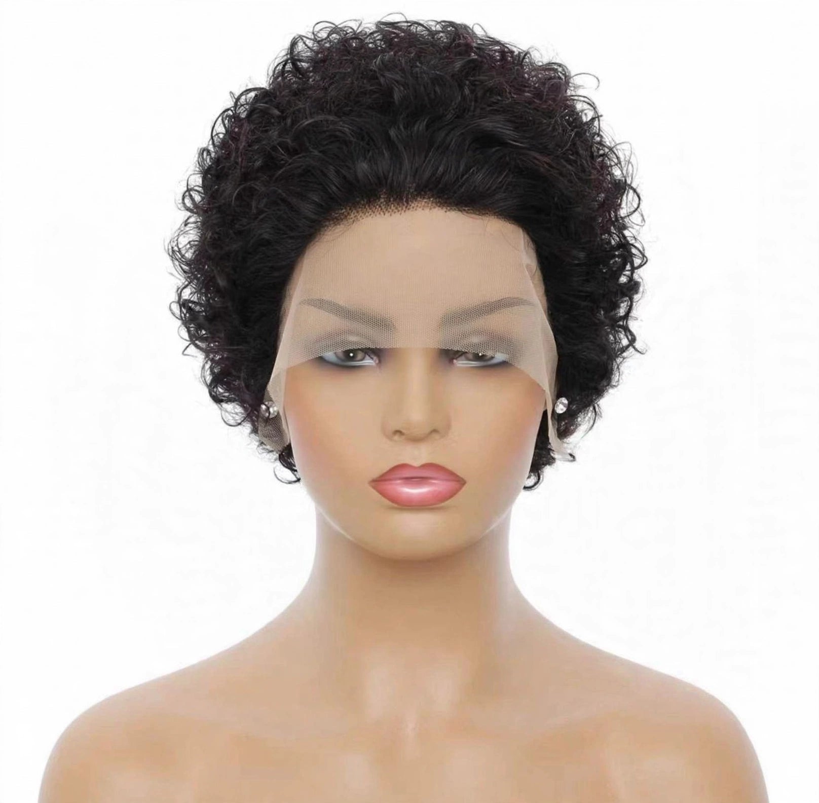 Front view - short curly pixie lace front wig on mannequin