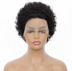 Front view - short curly pixie lace front wig on mannequin