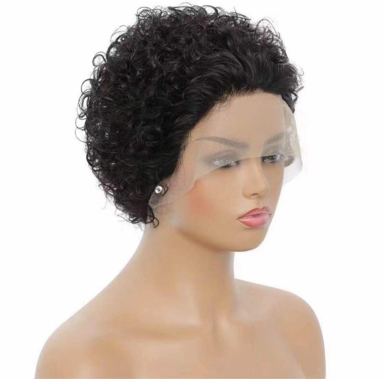 Side view - short curly pixie lace front wig on mannequin