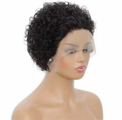 Side view - short curly pixie lace front wig on mannequin