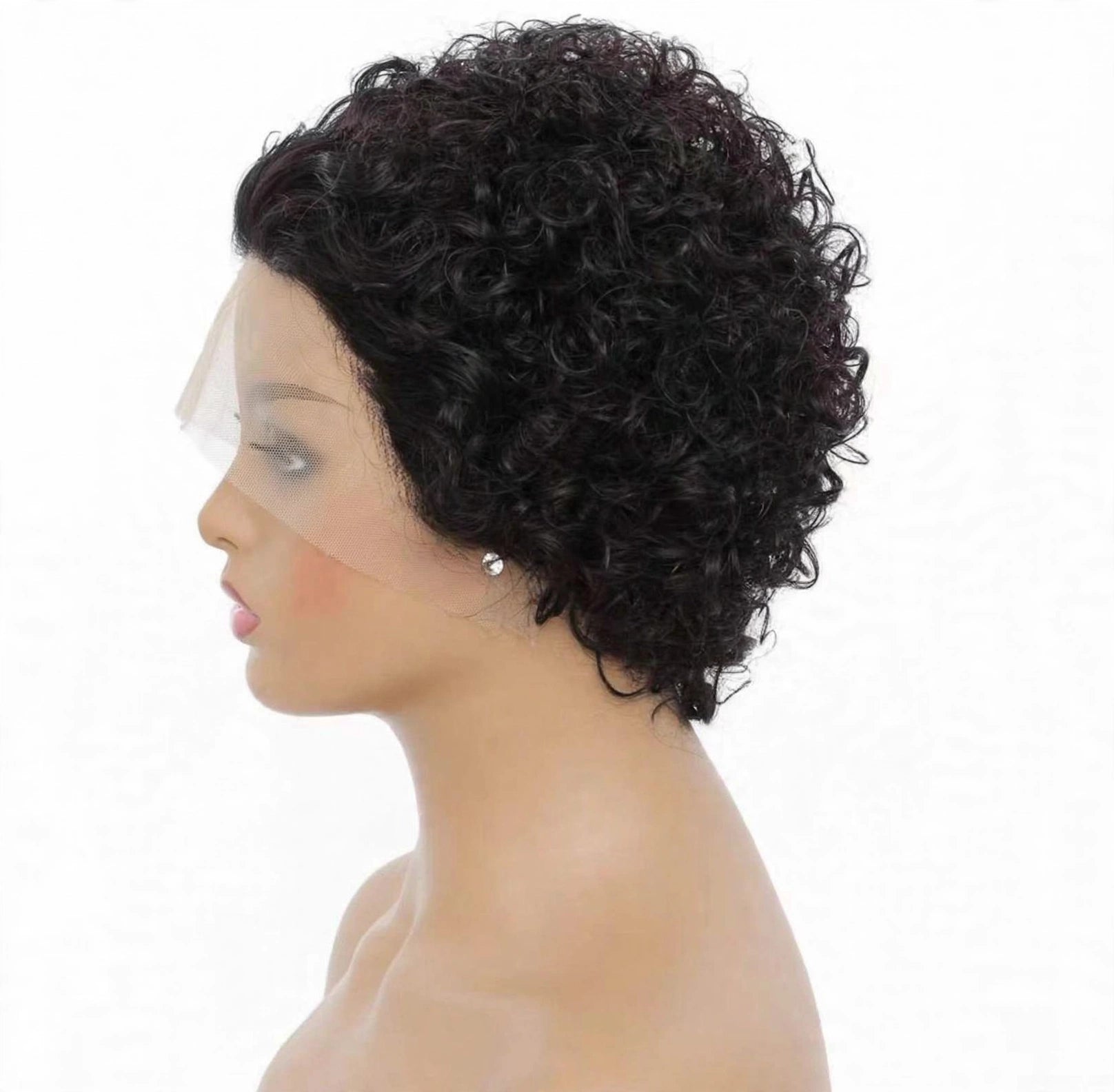 Left side view - short curly pixie lace front wig on mannequin